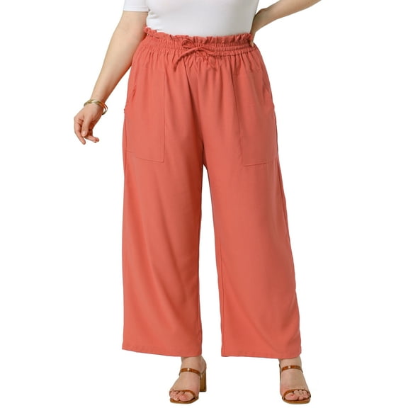 Agnes Orinda Women's Plus Size Palazzo Pants Pleat Drawstring Elastic High Waist Casual Wide Leg Trousers with Pockets 1X Brick Red