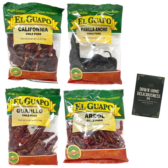El Guapo Dried Chile Pods Variety 4-Pack | Pasilla-Ancho, Guajillo, California & Arbol | 2-2.5 oz | MerlinsMart Zine