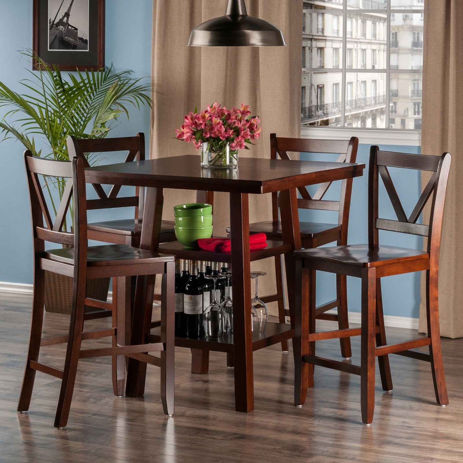 Orlando 5 Pc Set High Table 2 Shelves W 4 V Back Counter Stools Orlando 5 Pc Set High Table 2 Shelves W 4 V Back Counter Stools