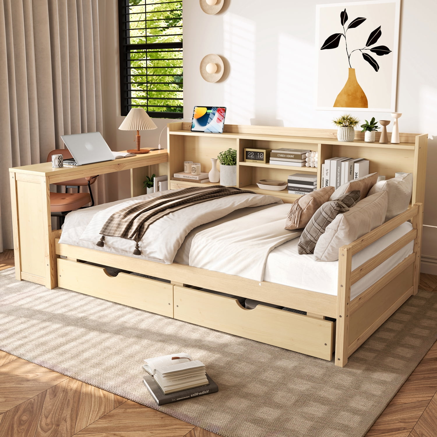 Leumius Twin Size Corner Bed with Desk and Storage Bookcase,Modern Daybed with 2 Drawers,Twin Size Wood Bed Frame with Charging Station,Natural