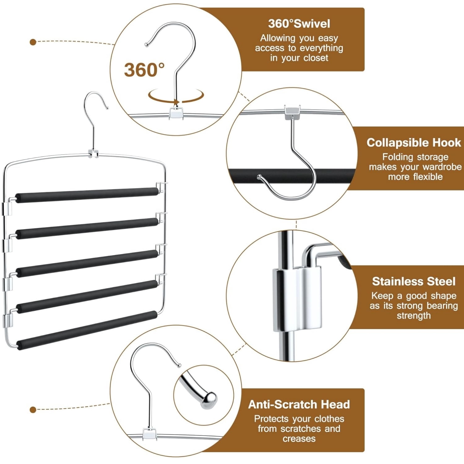 Topboutique 2 Metal Pants Hangers Pcs Space Saving Hangers 5 Layers Skidproof Foam Padded with Swing Arm Closet Storage Hanger Organizer Rack for Jeans Trouser Slacks Clothes (Black)