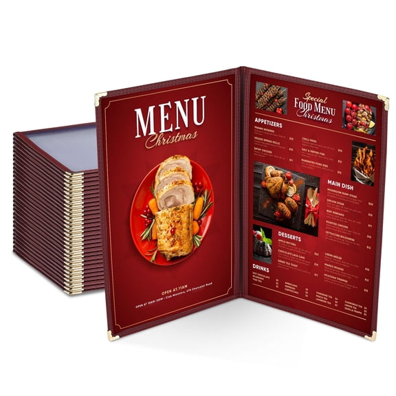WeChef 30 pack 8.5"x14" Restaurant Menu Book Covers 2 Page 4 View Double Fold for Cafe Hotel Bar Burgundy