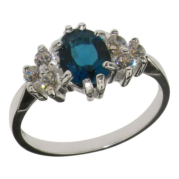 LBG 925 Sterling Silver Real Genuine London Blue Topaz & Cubic Zirconia Womens Band Ring - Size 10