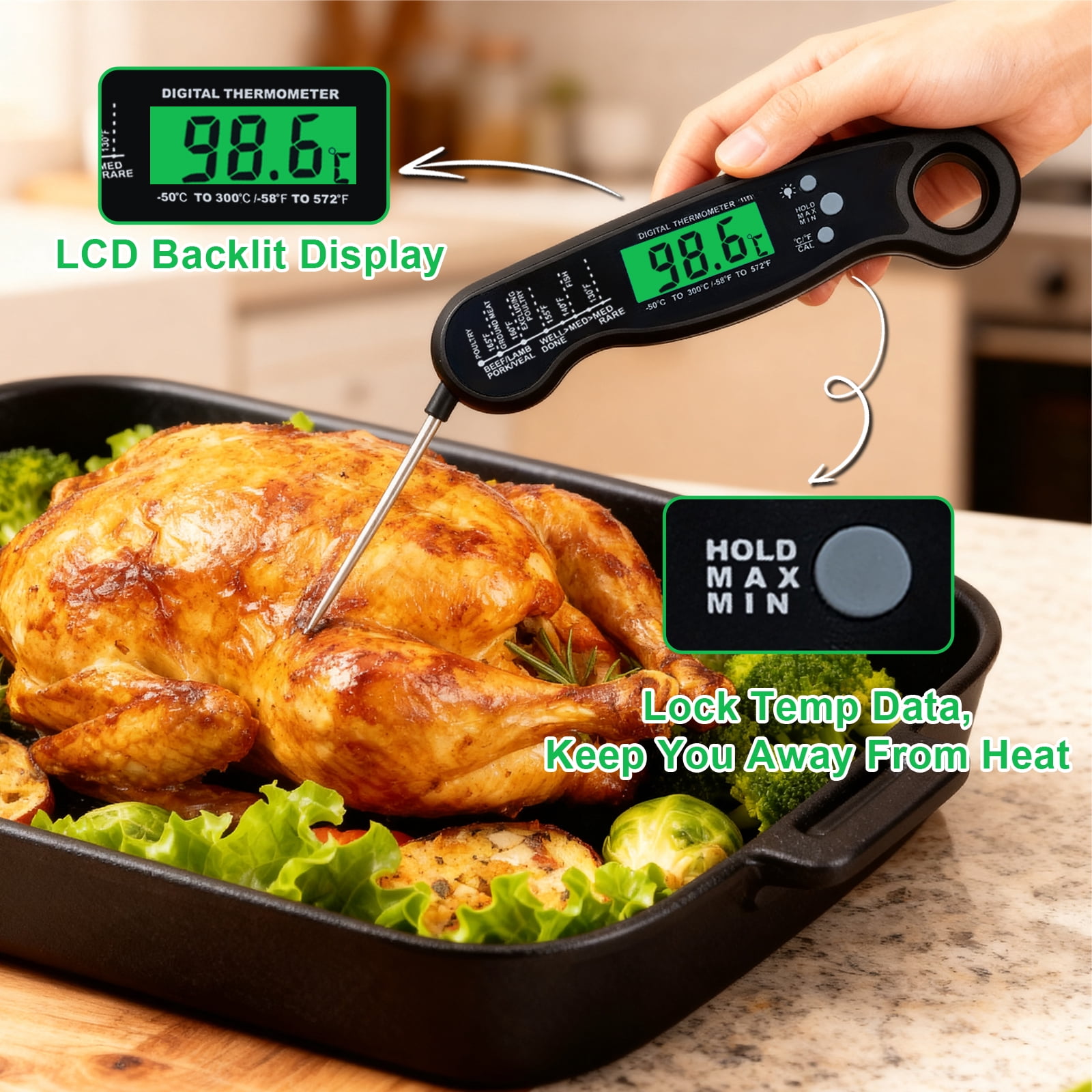 AGCAN Digital Meat Thermometer, Instant Read Food Thermometers, Waterproof Cooking Thermometer with Backlight for BBQ Grilling Cooking Liquids Beef