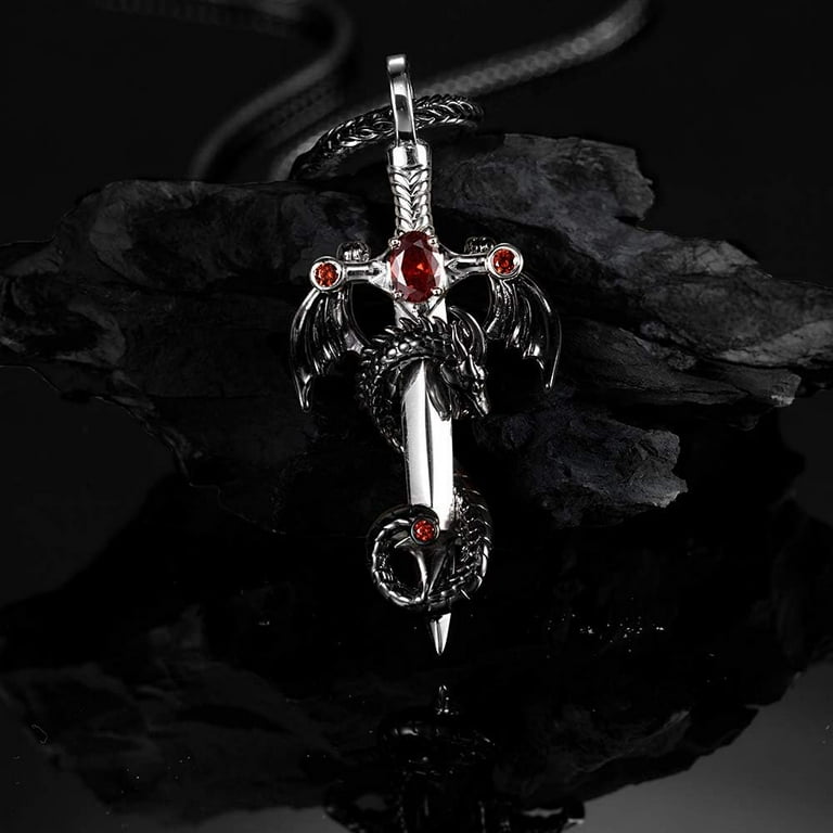 Men's Dragon Sword Design Pendant Necklace, Punk Streetwear