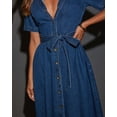thumbnail image 5 of Women's Blue Short Sleeve Denim Midi Dress, Tie Waist Button Front A Line Dress, 5 of 6