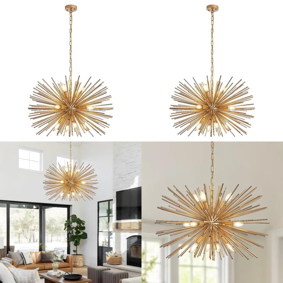 29” Mid-Century Modern 12-Light Starburst Chandelier - Gold Sputnik Pendant Light Fixture