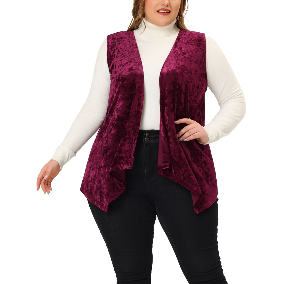 Unique Bargains Plus Size Velvet Cardigan for Women Fashion Vests Asymmetric Hem Open Front Vest Burgundy 4X Walmart