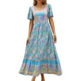 thumbnail image 3 of Women'S 2025 Summer Short Sleeves Boho Floral Print Tiered Casual Flowy Long Maxi Dress Blue S, 3 of 9