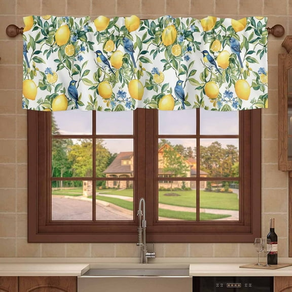 Kitchen Valances for Window, Watercolor Summer Lemon Bird Light Filtering Rod Pocket Valance Curtain, Vintage Flower Leaves Short Curtains Window Topper for Bedroom 54x18in