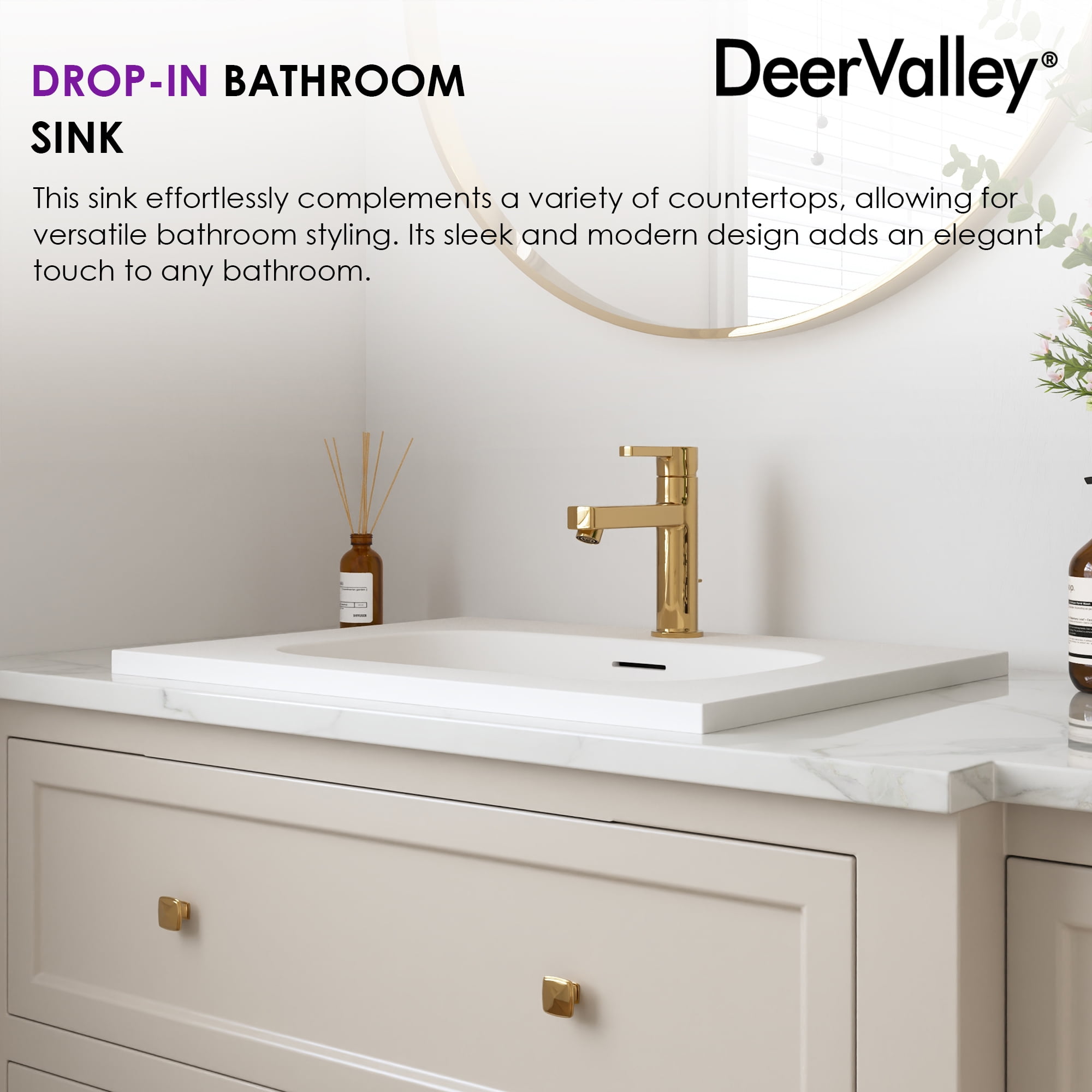 Sleek 24 in. x 18 in. Drop-In Bathroom Sink In White Acrylic with Overflow and Single Faucet Hole