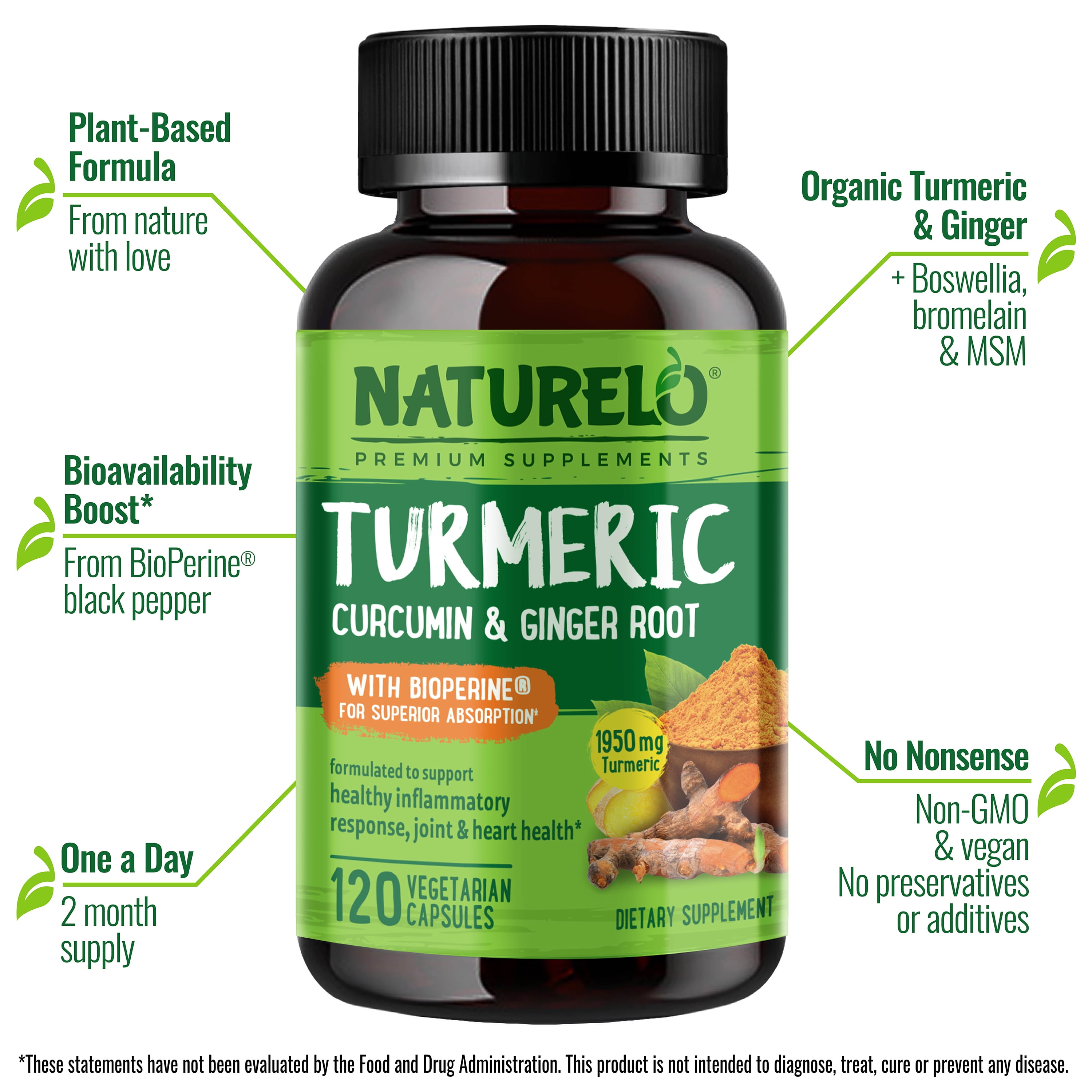 NATURELO Turmeric Curcumin - BioPerine for Better Absorption - Black Pepper, Ginger Root, Curcuminoids - Plant-based Joint Discomfort Support  - 120 Vegan Capsules