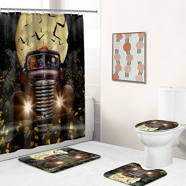 Juego de cortinas de ducha de Halloween para baño, 4 piezas de Halloween con alfombras antideslizantes, tapa de inodoro, alfombrilla de baño, cortina de ducha (coche de terror), decoración de baño del Día de Todos los Santos con 12 ganchos Rojo Verde