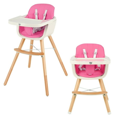 Baby joy Wooden High Chair Baby Toddler 3 in 1 Convertible Highchair w/ Cushion Pink