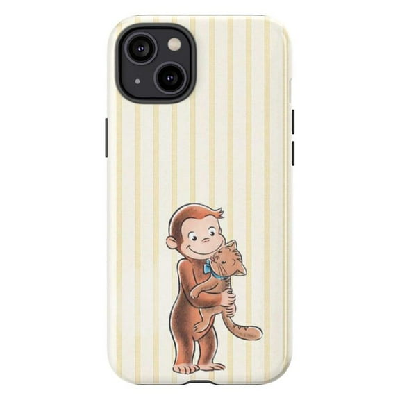 Vintage Stripe Curious Monkey Phone Case, Cute Monkey with Cat Protective Cover for iPhone 16 15 14 13 12 11 Pro Max Plus Mini