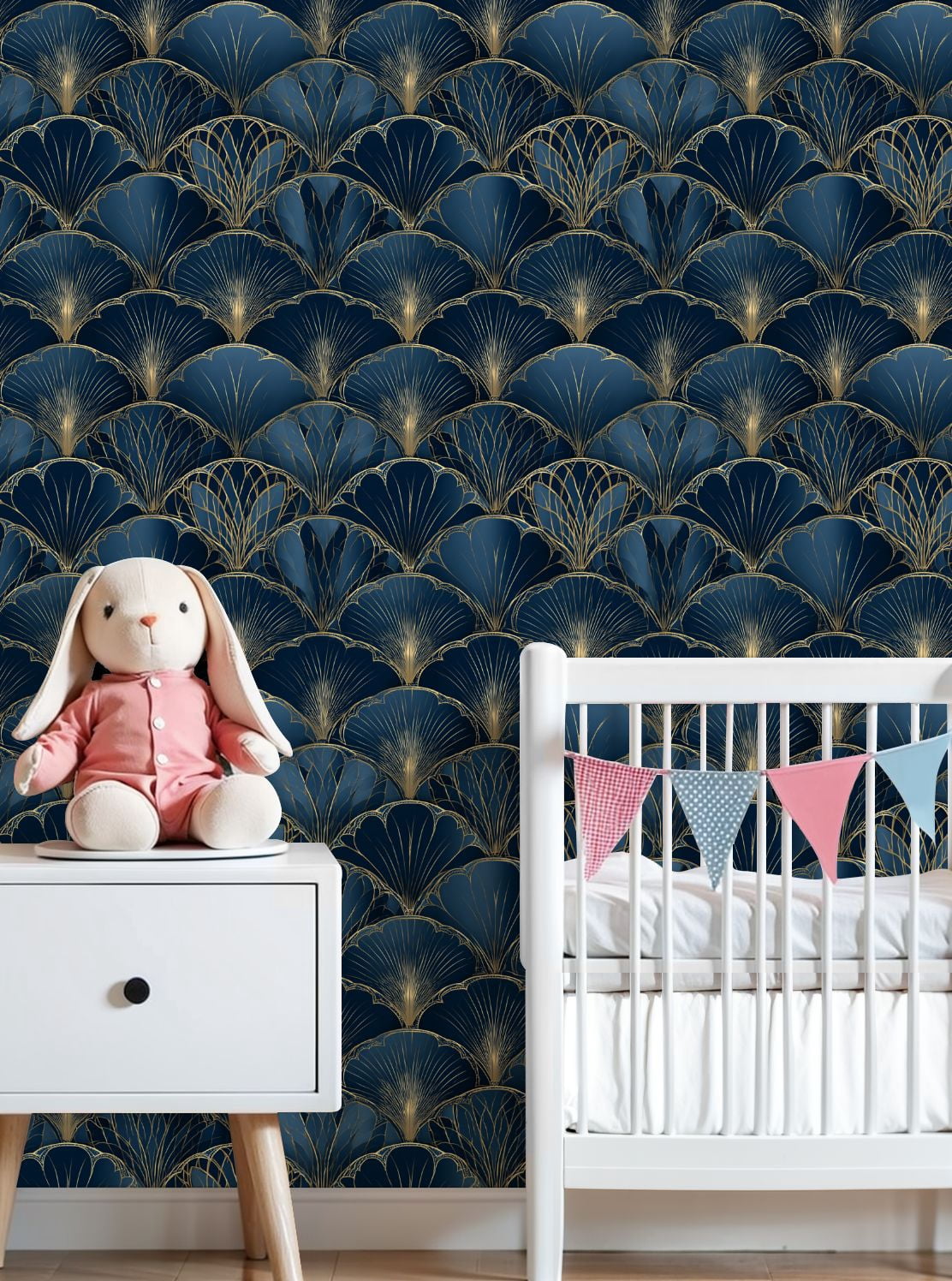 Vintage Peel and Stick Wallpaper Elegant Blue Gold Art Deco Fan Wall Mural 23.6in x 9.8ft Self Adhesive Removable Wall Paper Renter Friendly Wallpaper for Nursery Bedroom Cabinets