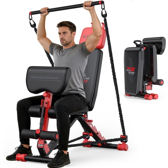 GIKPAL 8 Positions Multi-purpose Adjustable Weight Bench with Resistance Band,Foldable Workout Bench With Extended Headrest & Preacher Curl for Home Gym, 880lbs Capacity