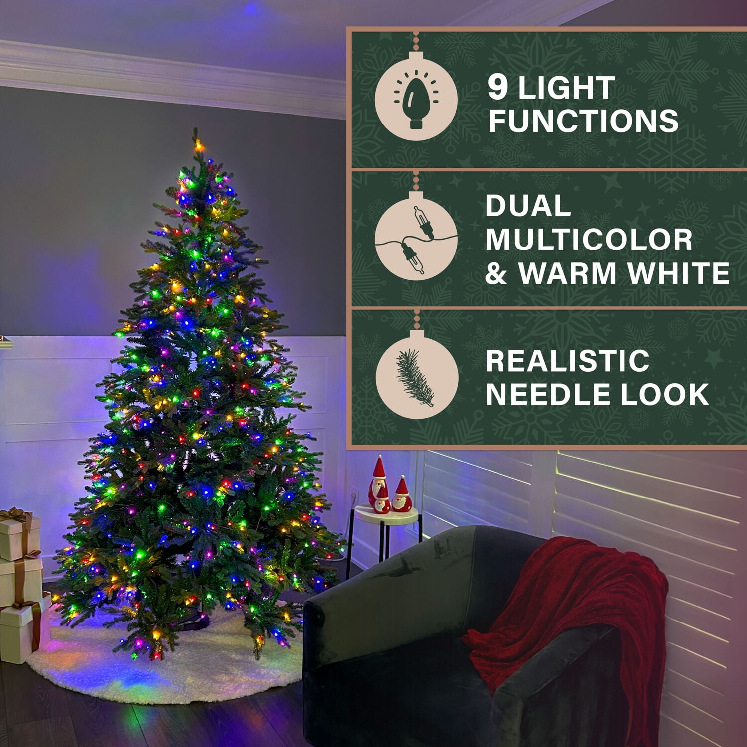 Fraser Hill Farm 7.5-Ft. Oregon Pine Christmas Tree with Dual Multicolor & Warm White LED Lights, FFOP075-6GR