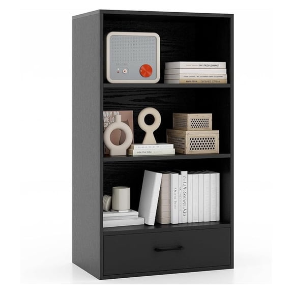 3 Tier Bookcase with Drawer, 42.5”Tall Freestanding Bookshelf with 3 Open Shelves & 1 Drawer, Anti-toppling Devices, Modern Display Storage Organizer for Home Office (Black, 42.5" H)