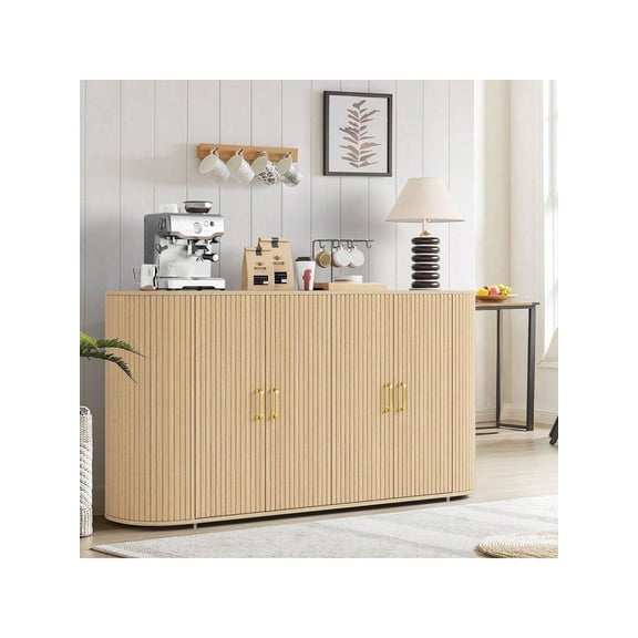 63" Buffet Sideboard Cabinet With Storage, Fluted Accent Credenza With Adjustable Shelves, Modern Sideboard Cabinet With Curvy Edge, Console Table For Living Room, Dining Room, Kitchen Or Entryway