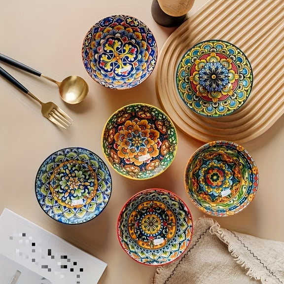 6Pcs Bohemian Ceramic Bowl Set, Colorful Mediterranean Tableware with Mandala Paisley Patterns, Round Soup Dessert Noodle Salad Bowls, Microwave Safe for Family Gatherings