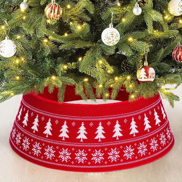 Event & Party Christmas Tree Skirt Red Knitted Tree Collar With White Snowflake Pattern Holiday Tree Surround Decoration For Christmas Tree Base Cover And Festive Display Home Holiday Ornament