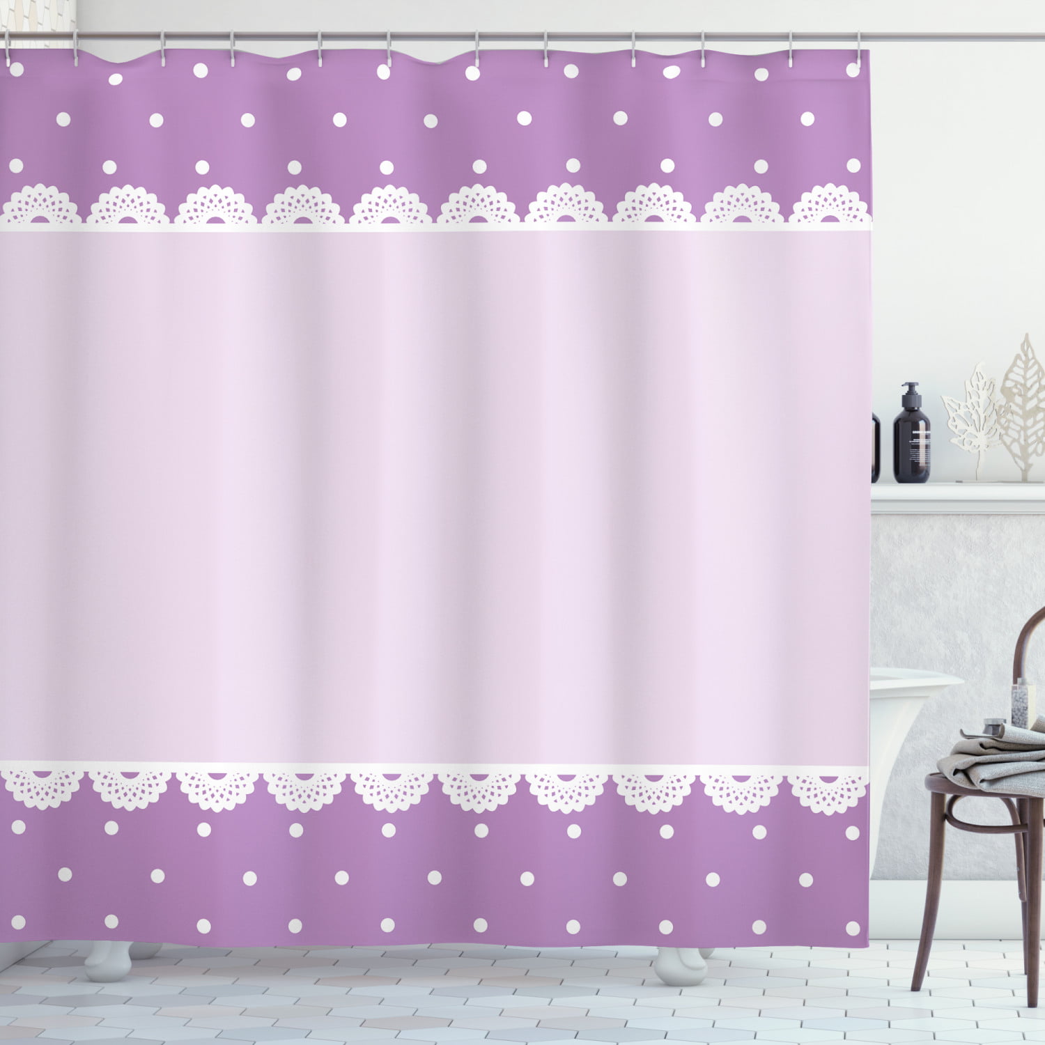Mauve Shower Curtain, Old Fashioned Ornate Lace Pattern with Classical  Polka Dots Background Image, Fabric Bathroom Set with Hooks, 69W X 84L  Inches 