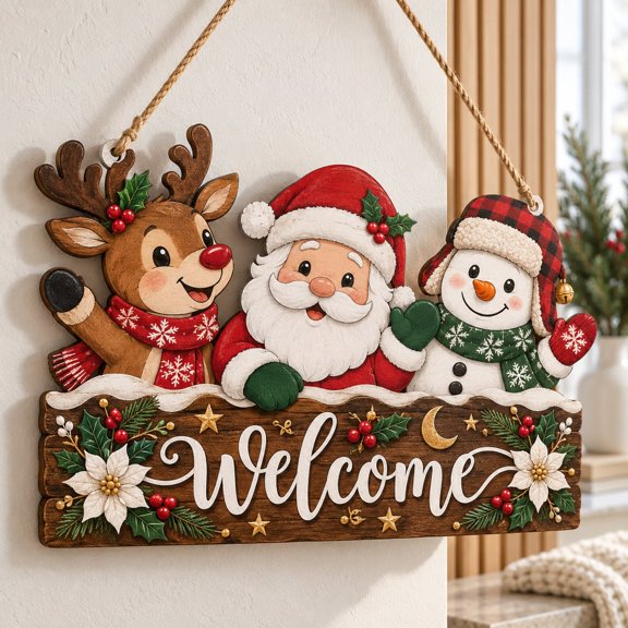 Christmas Welcome Sign Wooden Door Hanger Farmhouse Xmas Decor