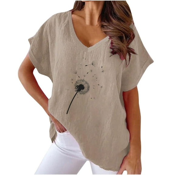 WREESH Cotton Linen Graphic T-Shirt Women's Loose V-Neck Short Sleeve Top Khaki