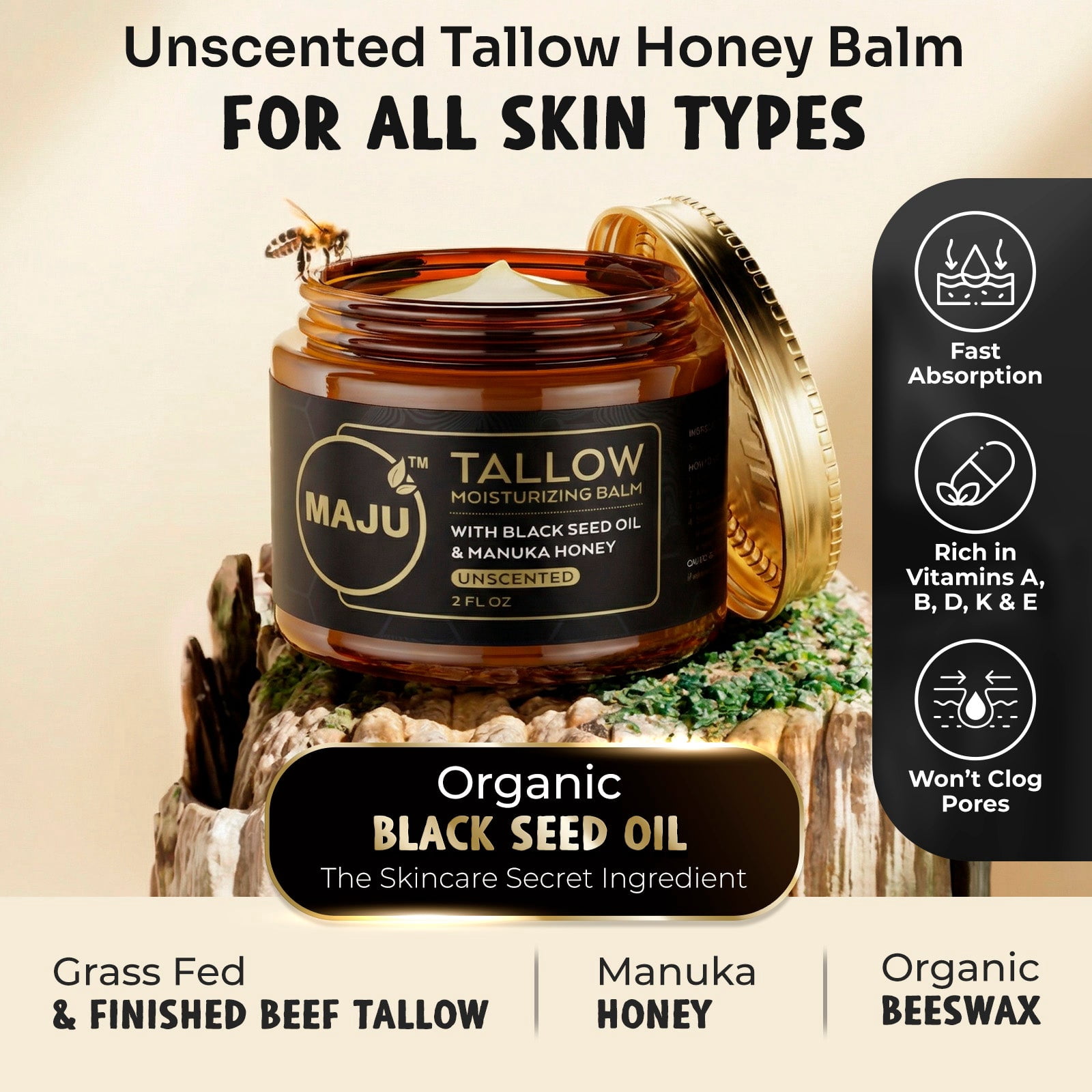 MAJU's Black Seed Manuka Tallow, 2 Fl Oz, Unscented, Grass Fed Beef Tallow Balm, Deeply Hydrating for All Day Skin Nourishment