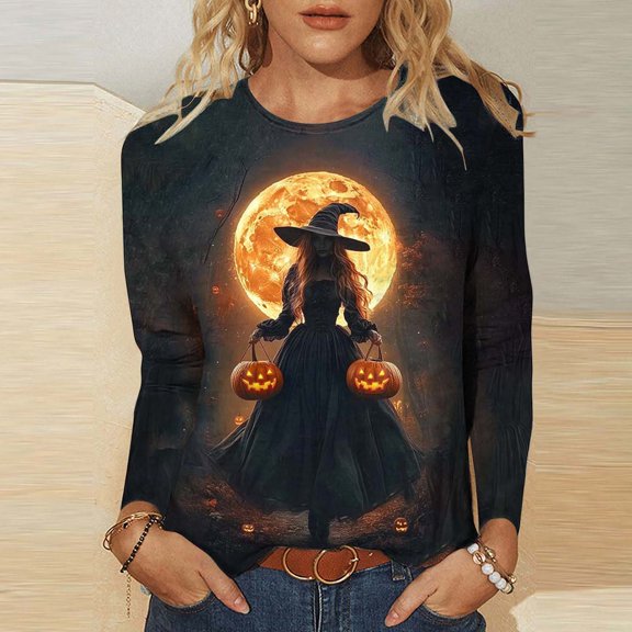 Ounisa Women's Halloween Graphic Long Sleeve Crew Neck Sweatshirt, Soft Lightweight Pullover Top with Fun Pumpkin Print for Daily Fall Wear