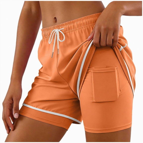 COMVALUE Women Athletic Shorts 2 in 1 Elastic Waist Pockets Biker Ball Games Running Sports Summer Outfits (Orange, XXL)