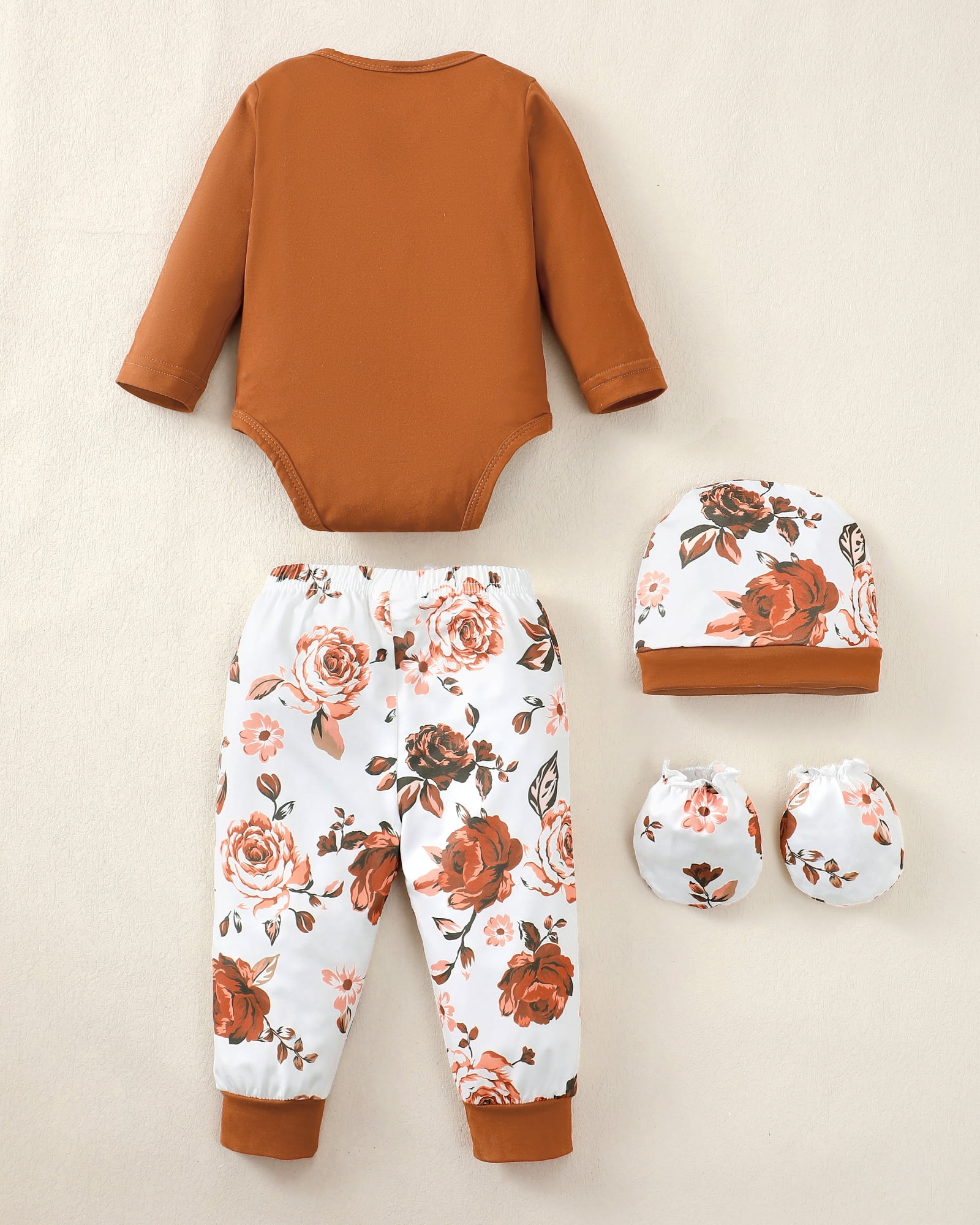 KIMI BEAR Newborn Baby Girls Layette Set 4 Packs 0-3 Months Winter Clothes Outfits Long Sleeves Romper Top Pants Gloves Hats 16 Piece Essentials Accessories Clothing Gift Sets Brown