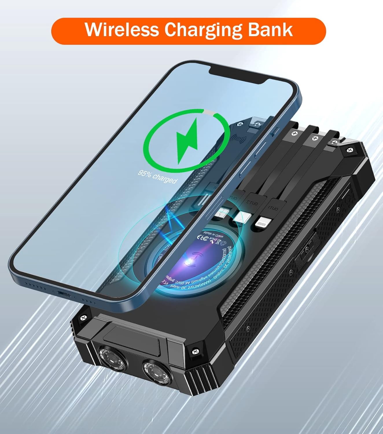 2PK Power Bank Wireless Charger 46800mAh Built in 4 Cables Six Outputs 15W Fast Charging Power Bank for All Mobile Devices Three Inputs Solar Portable Charger with Dual Flashlights, Carabiner(Black)