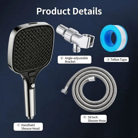 High Pressure Multi Mode Filtered Handheld Shower Head with ON OFF Switch Power Wash for Pets Bath Square Large Panel Rain Shower Head with 1.5m Hose and Shower Bracket Bathroom Supplies