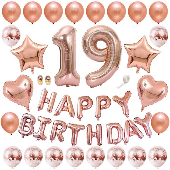 Ensemble de Ballons Bannière d'Anniversaire Rose Doré Ballon 19e Anniversaire Numéro 19 Ballon en Papier D\'aluminium Ballon Confettis Ballon en Latex Étoile Cœur Ballon en Feuille Filles Femmes Fournitures de Fête d'Anniversaire Décoration