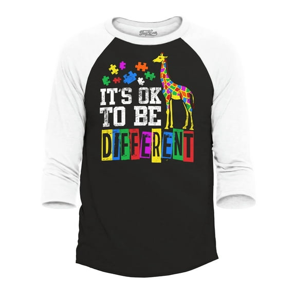 Shop4Ever Men's It's OK to Be Different Autism Awareness Giraffe Raglan Baseball Shirt X-Small Black/White