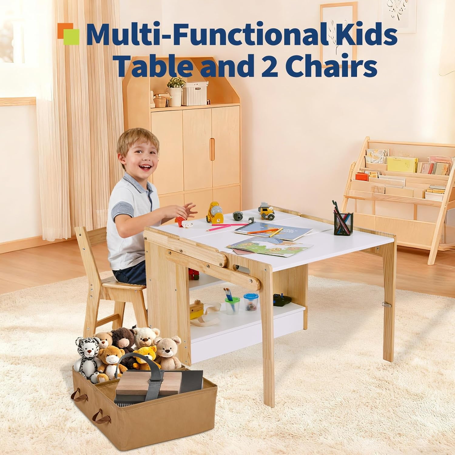 Garvee Kids Art Table and 1 Chair Set, 27.5 in Convertible Toddler Activity Table to Storage Shelves, Craft Play Desk for Kids with 2 Storage Box, Toddler Table and Chair Set for Playrooms