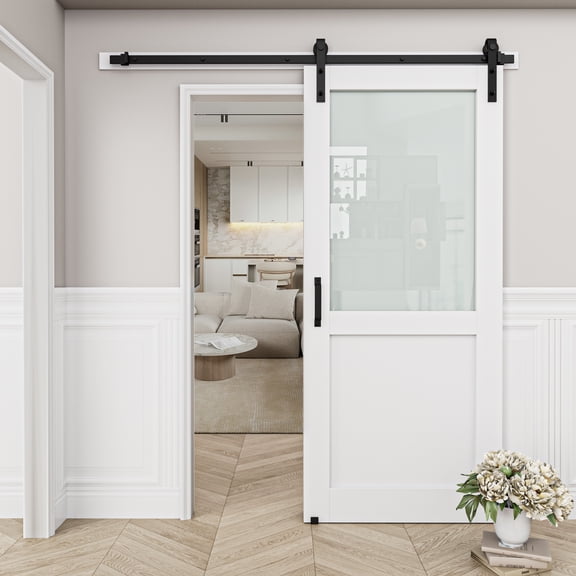 36" x 80" Frosted Glass and Manufactured Wood White Sliding Barn Door with Installation Hardware Kit(No Assembly Required)