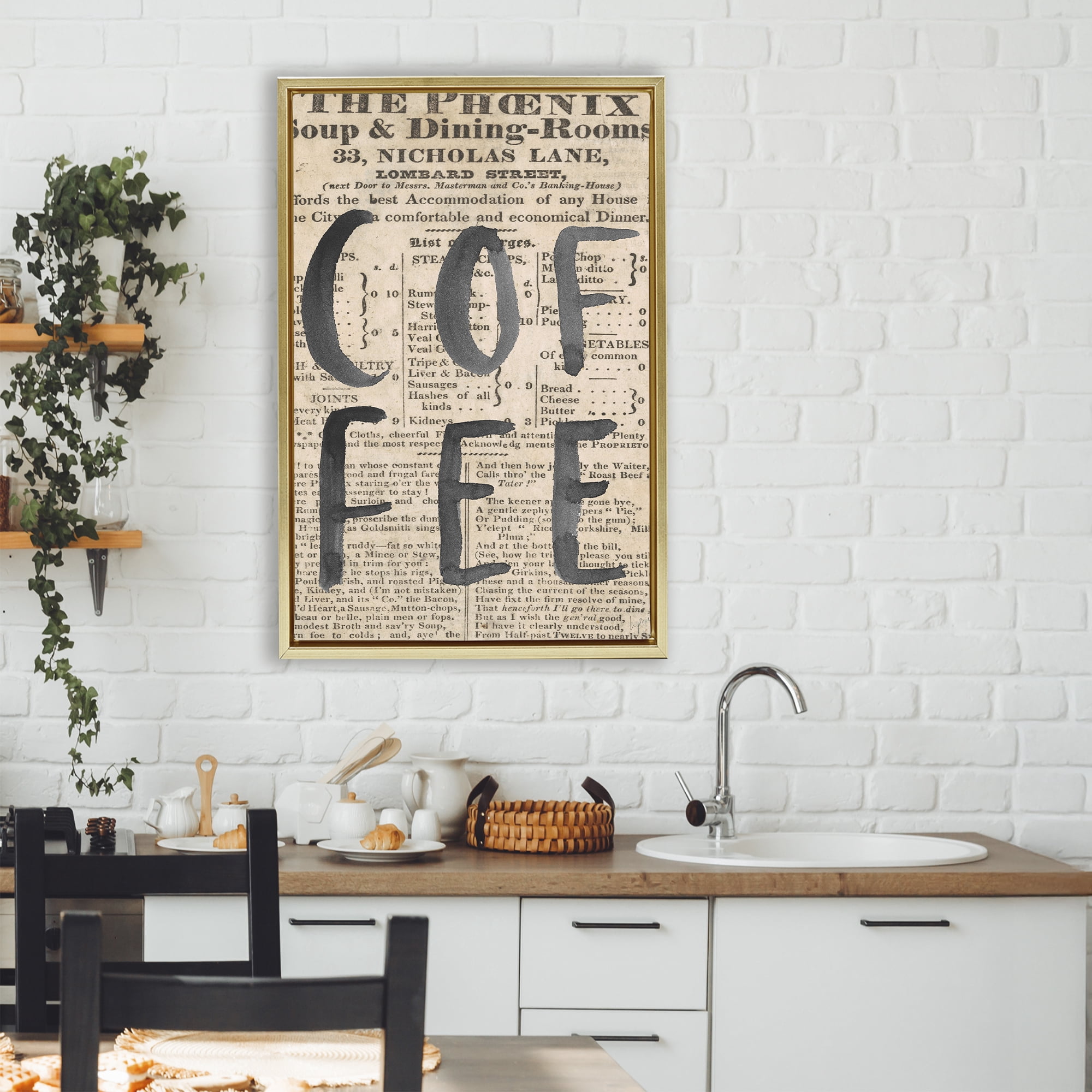 Stupell Industries Vintage Coffee Newspaper Gold Framed Floater Canvas Wall Art, design by Lucille Price