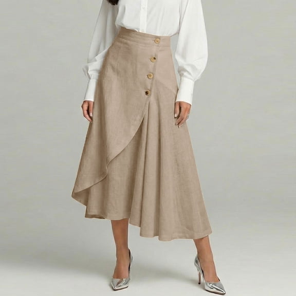 qelini Womens Linen Midi Skirt Plus Size Button Mid-Length Skirt Elastic High Waist A-line Skirt Solid Color Summer Skirt