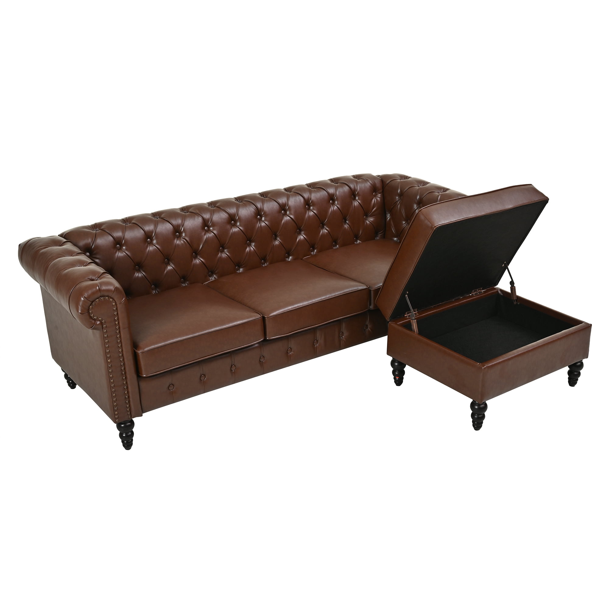 Chesterfield L-Shaped Sectional Sofa with Storage Ottoman, PU Leather 4-Seater Modular Couch with Tufted Back & Nailhead Trim