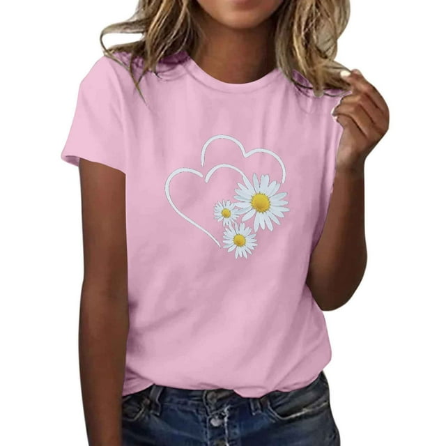 FRSASU Chemises pour Femmes Imprimé Cœur d'Amour Chrysanthème T-Shirts Graphiques Manches Courtes Col Rond T-Shirt Décontracté Hauts Rose 6(m)