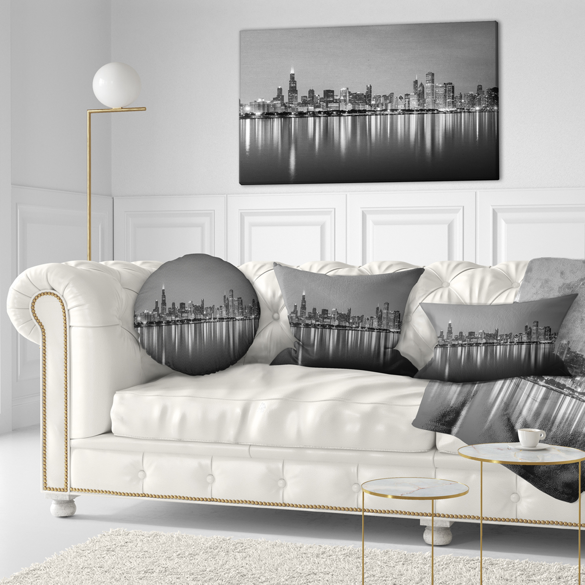 Designart 'Chicago Skyline at Night Black and White ' Cityscape Canvas Print