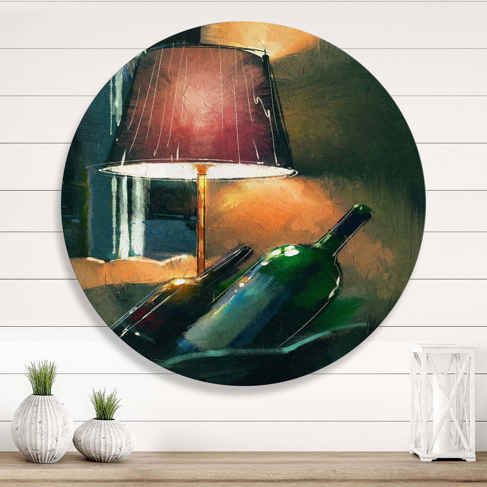 Designart 'Lamp Glowing Orange In The Night and Wine Bottles' Modern Circle Metal Wall Art 23x23 - Disc of 23