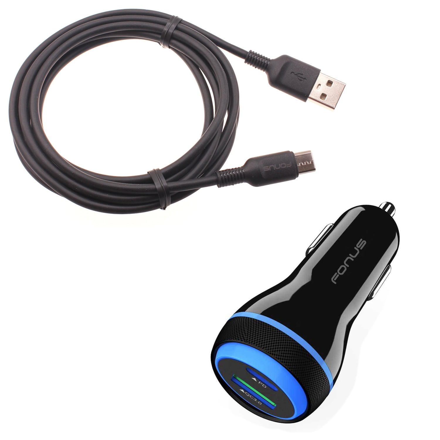 QUICK CAR CHARGER 43W 2-PORT USB CABLE TYPE-C PD POWER for SMARTPHONES TABLETS 