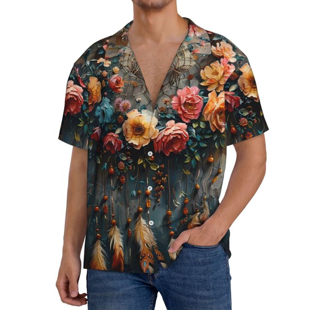 Balery Floral Dreamcatcher Elegance Camisa Casual de Manga Corta con Botones para Hombre, Texturizada, Estilo Cubano, para Playa, Verano-Medium