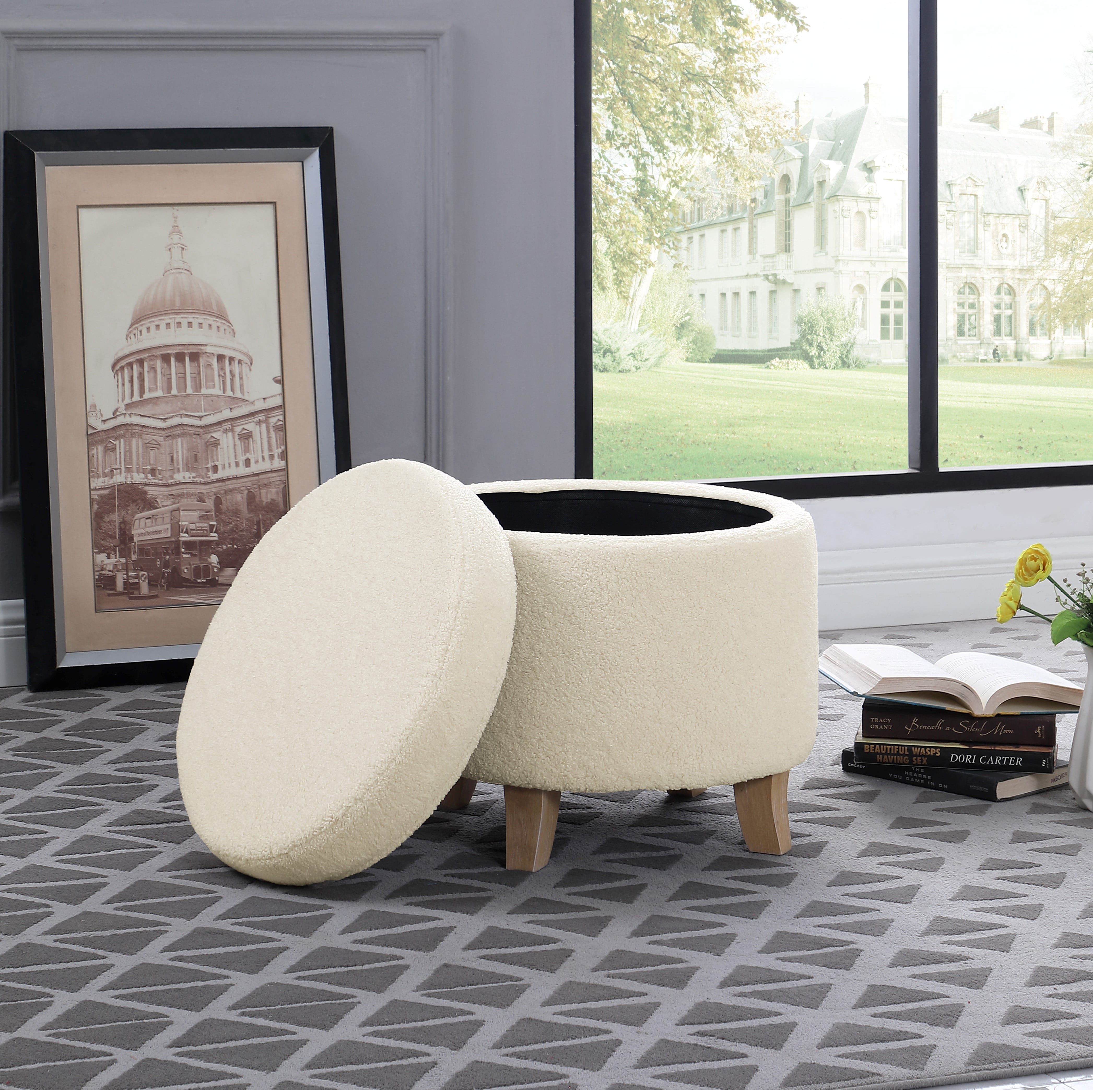 HomePop Round Storage Ottoman - Cream Faux Sheepskin