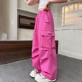 thumbnail image 6 of CPNG Girls Casual Cargo Jeans Teen Girls Wide Leg Straight Solid Color Pants Daily Elastic High Waisted Denim Trousers(Hot Pink,15-16 Years), 6 of 7