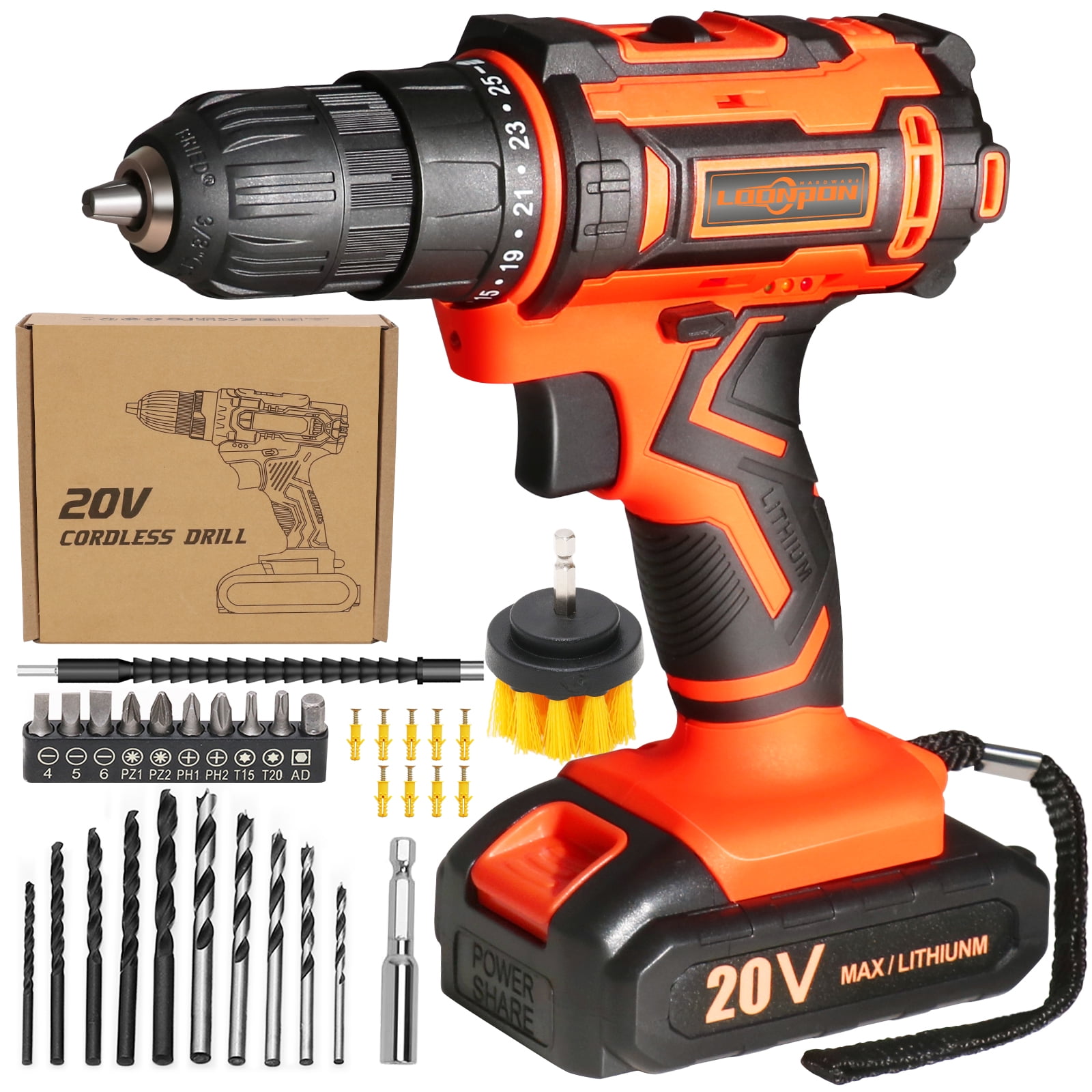 20v Drill Driver Set,Cordless Drill with Battery and Charger,LED Tools Kit,25+1 Torque Setting and 43pcs Bits